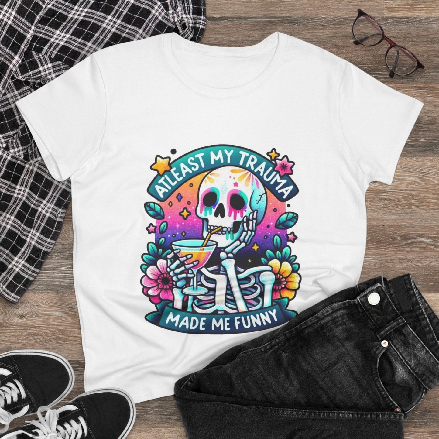 Funny Trauma Skeleton Tee – Women's Midweight Cotton Shirt, Casual Tee, Humorous Top, Gift for Friends, Birthday Gift, Quirky Apparel