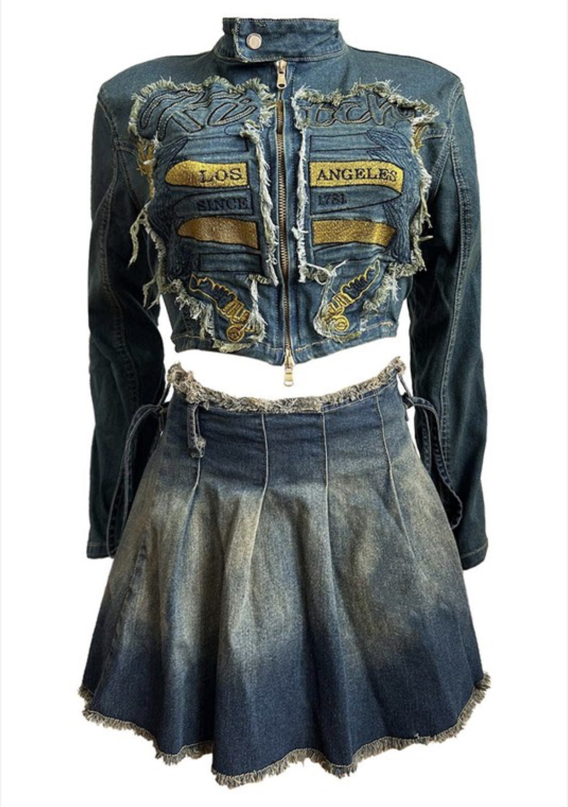 W/S Embroidered Denim Jacket & Skirt Set
