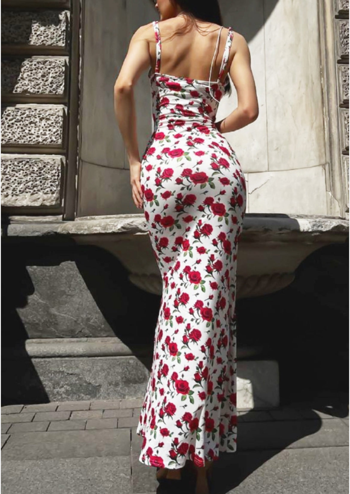 W/S Floral Rose U-Neck Slim Backless Dress