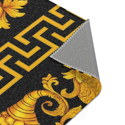 Baroque Gold Scroll Area Rug — Black & White Striped Medallion Accent Rug