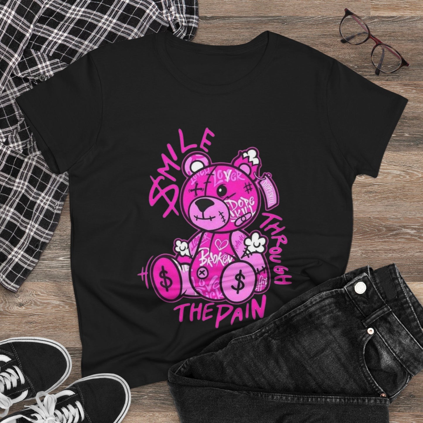 Smile Through The Pain Teddy Bear Tee — Pink Graphic Women's Cotton Shirt