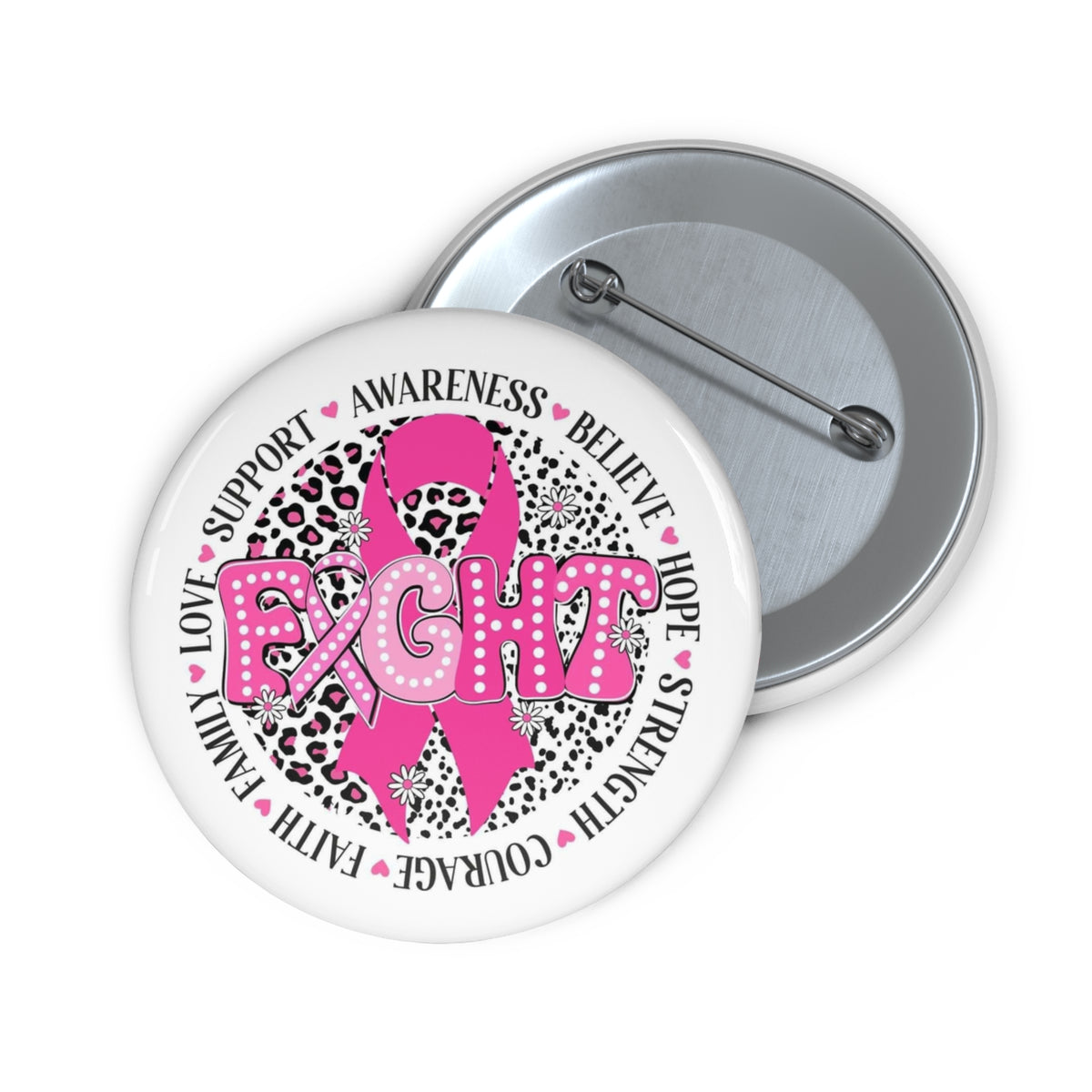 Breast Cancer Awareness 'FIGHT' Pin Button - Pink Ribbon Leopard Accent