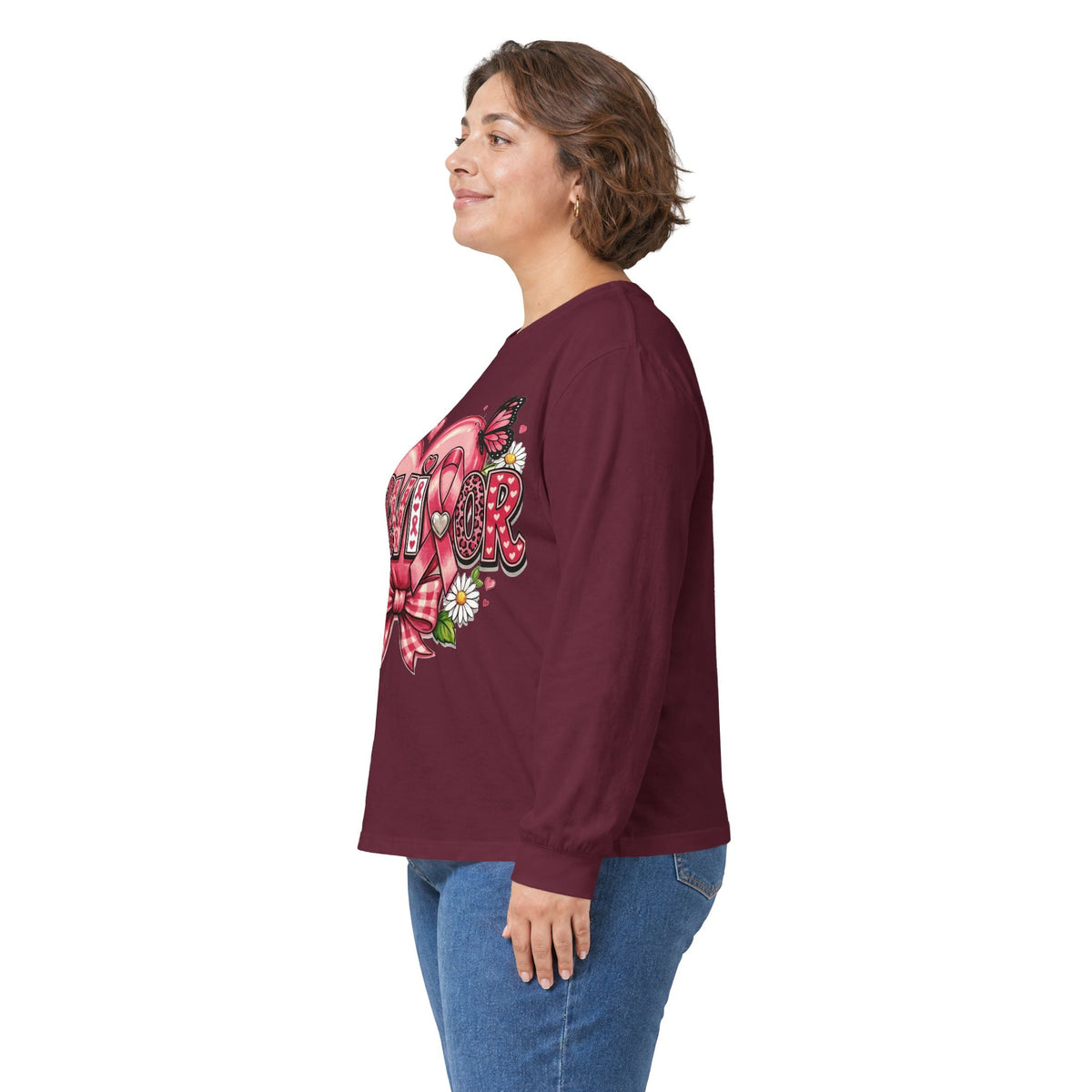 Survivor Floral Ribbon Long Sleeve Tee — Breast Cancer Awareness