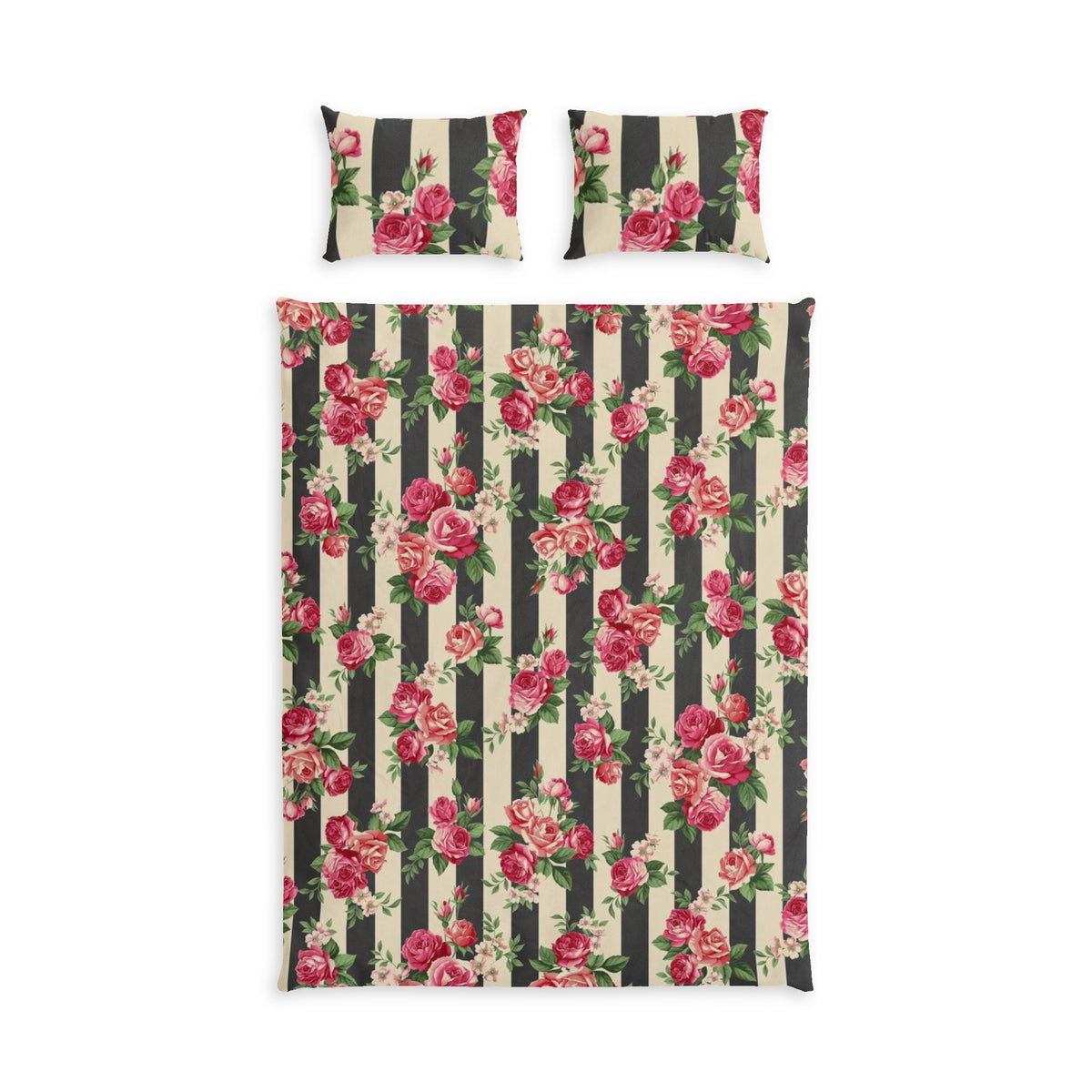 Floral Stripe Cotton Bed Set — Vintage Rose Duvet Cover & Pillowcases