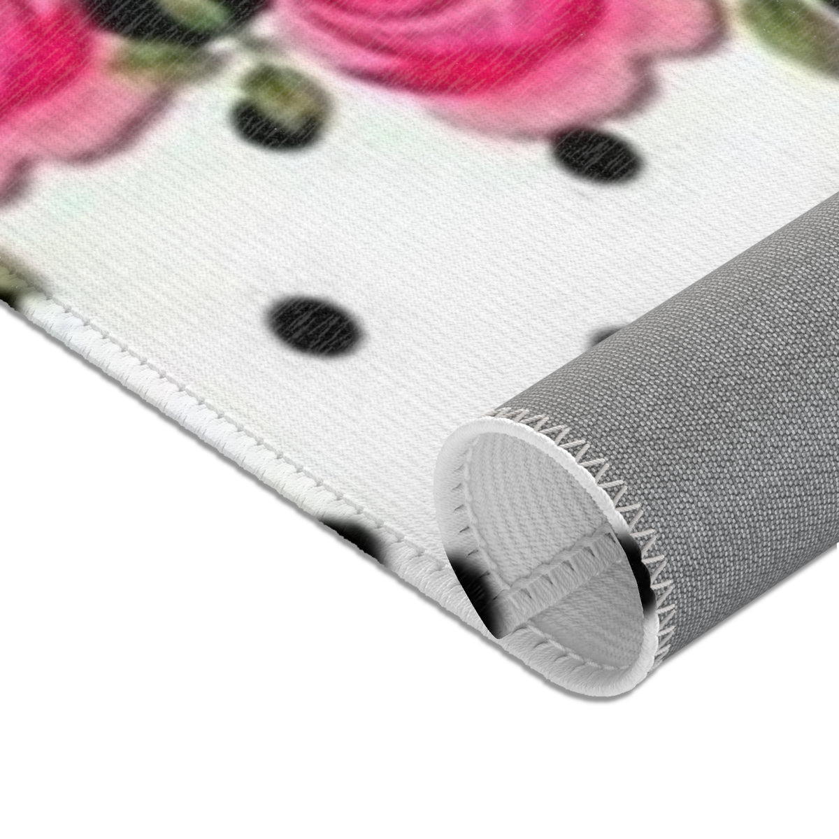 Polka Dot Rose Area Rug — Black & White Vintage Floral Accent Rug