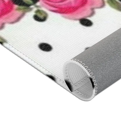 Polka Dot Rose Area Rug — Black & White Vintage Floral Accent Rug