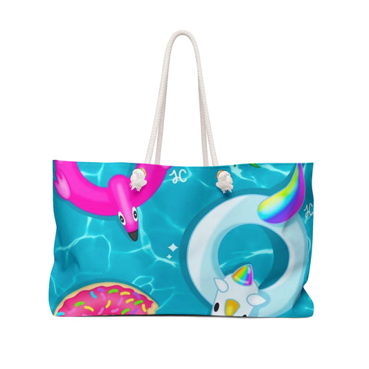 Colorful Summer Pool Party Vacay Tote Bag with Unicorn and Flamingo Design