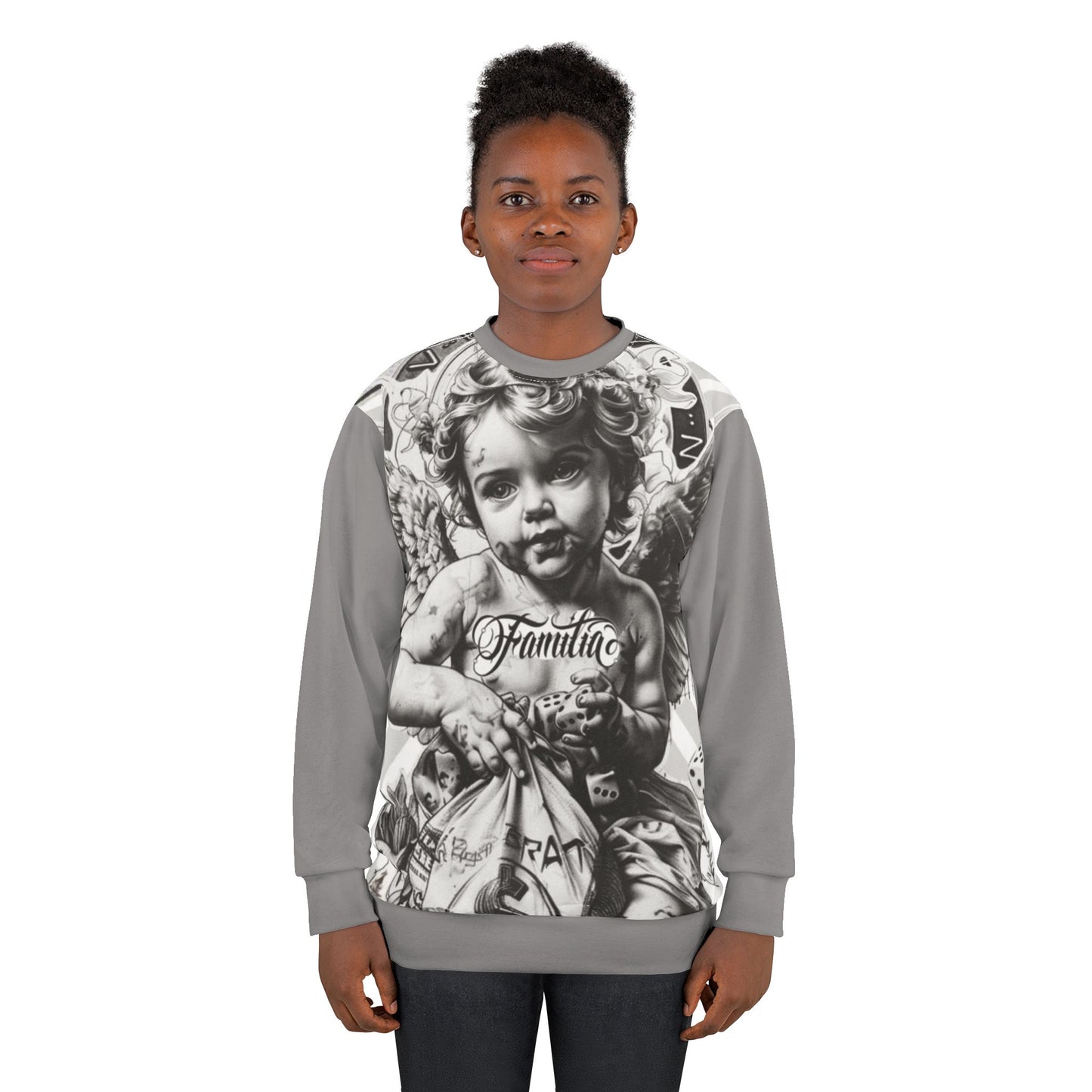 Cherub Graphic Sweatshirt — 'Familia' Tattoo-Style Angel Design