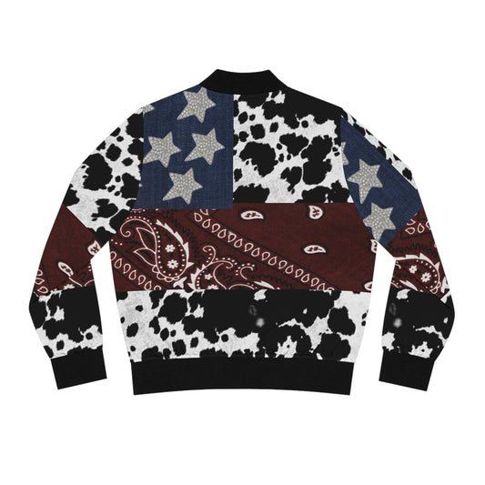 Patriotic Cow Print Bomber Jacket, Trendy Casual Outerwear, Women's Fashion, USA Pride, Everyday Comfort, Perfect for Festivals