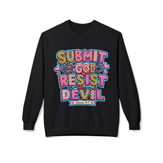 Crewneck Sweatshirt — "Submit to God, Resist the Devil" Colorful Faith Graphic