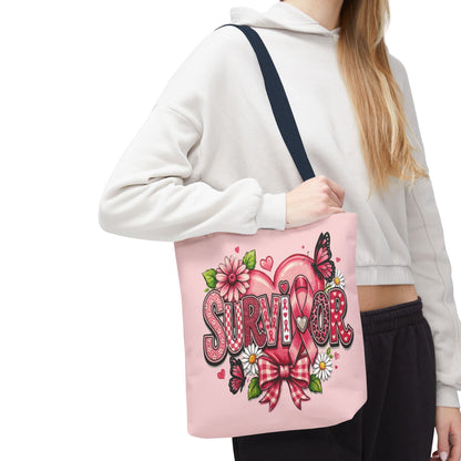 Survivor Pink Ribbon Tote Bag – Breast Cancer Awareness Floral Tote