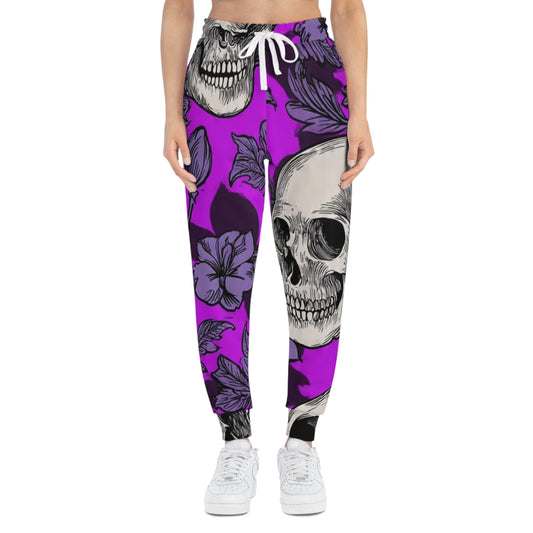 Skull & Hibiscus Athletic Joggers - Purple Floral Skull All-Over Print