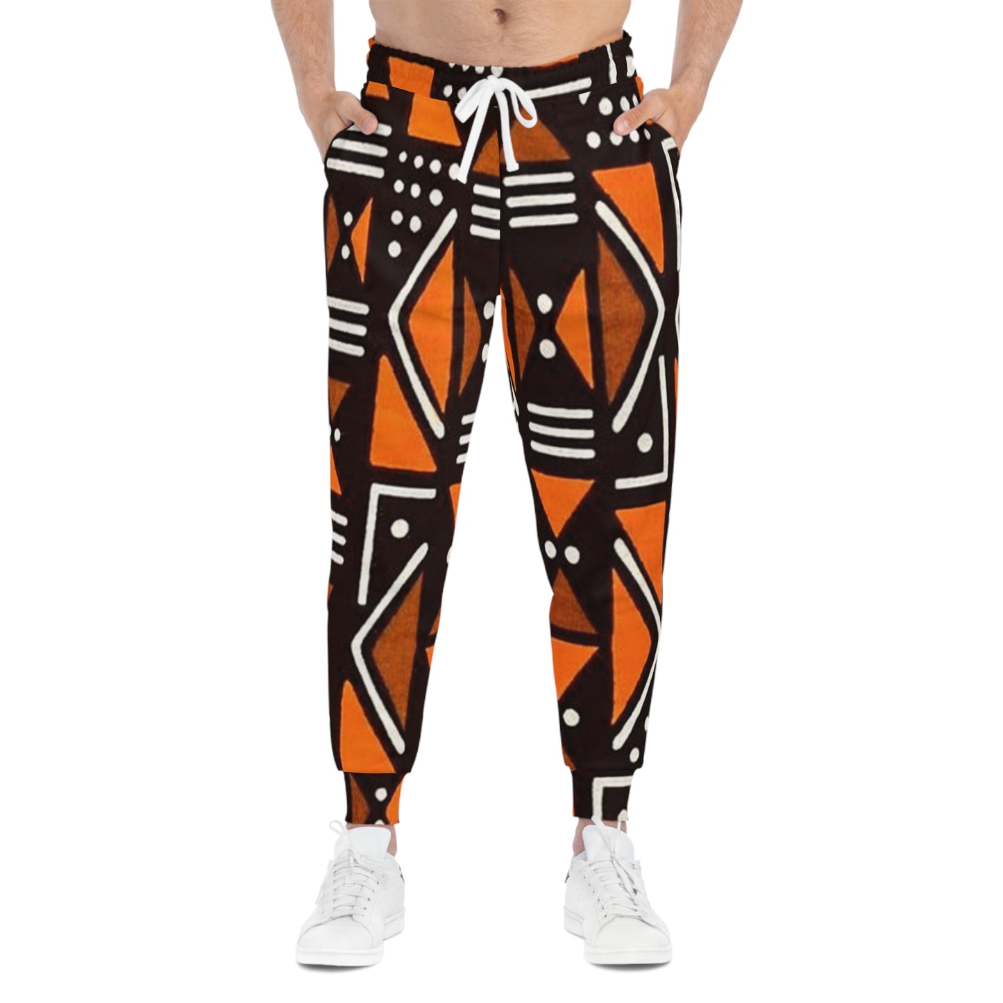 Geometric Orange & Black Athletic Joggers — Tribal Pattern AOP