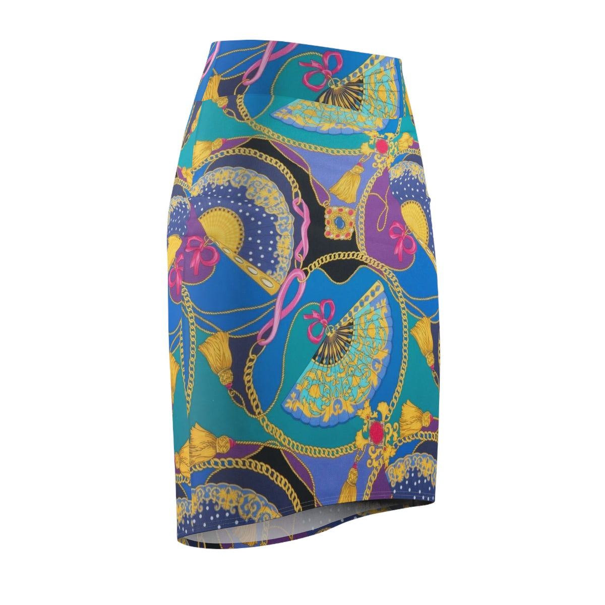 Retro Fan-Print Pencil Skirt — Colorful Baroque Chain & Fan Pattern