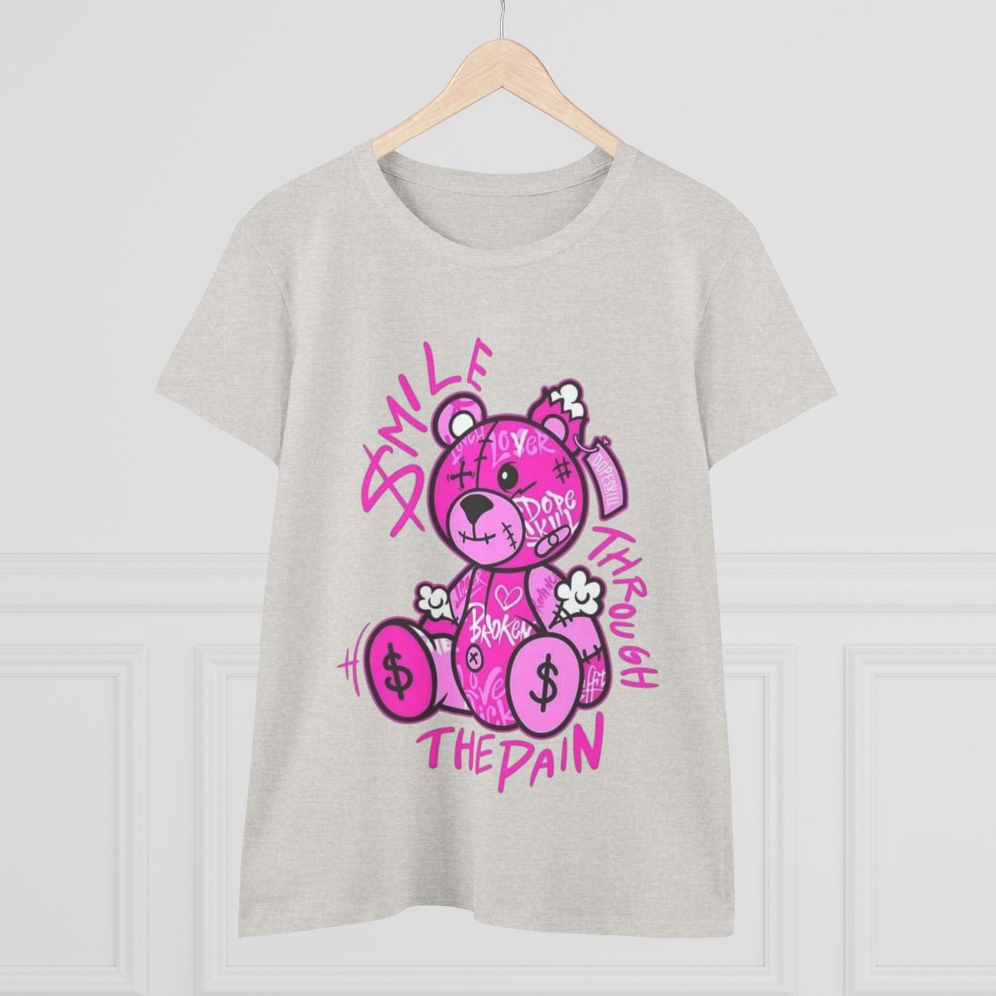 Smile Through The Pain Teddy Bear Tee — Pink Graphic Women's Cotton Shirt