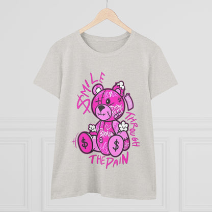Smile Through The Pain Teddy Bear Tee — Pink Graphic Women's Cotton Shirt