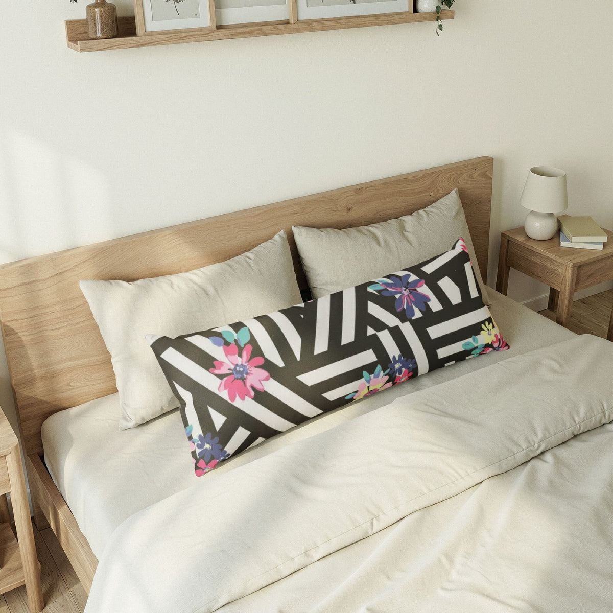 Floral Geometric Body Pillow — Black & White Stripes with Pastel Flowers
