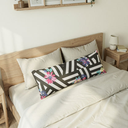 Floral Geometric Body Pillow — Black & White Stripes with Pastel Flowers