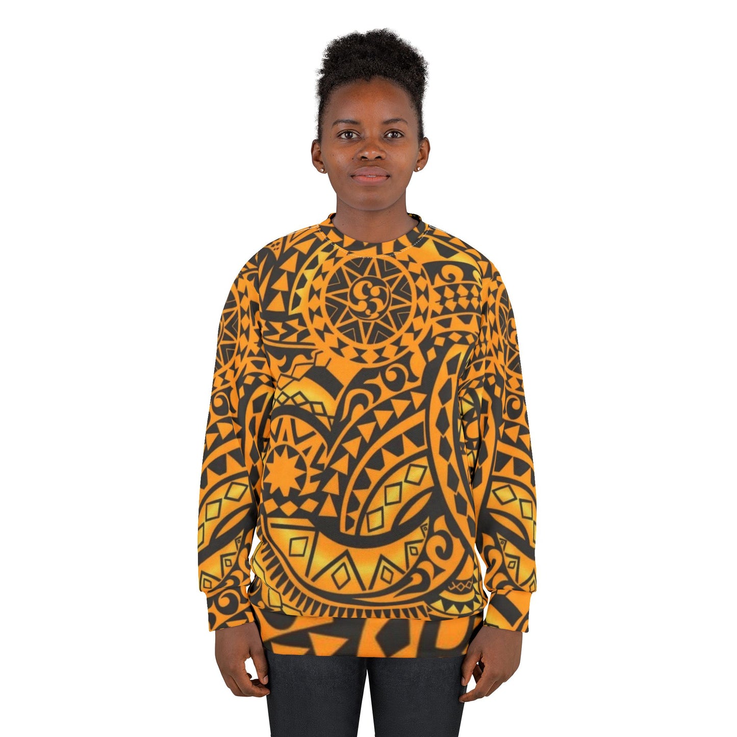 Polynesian Tribal Pattern Sweatshirt — Bold Orange Island-Inspired All-Over Print