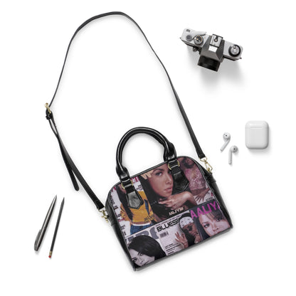 Aaliyah Inspired Shoulder Handbag - Fashionable Black & White Magazine Print Tote