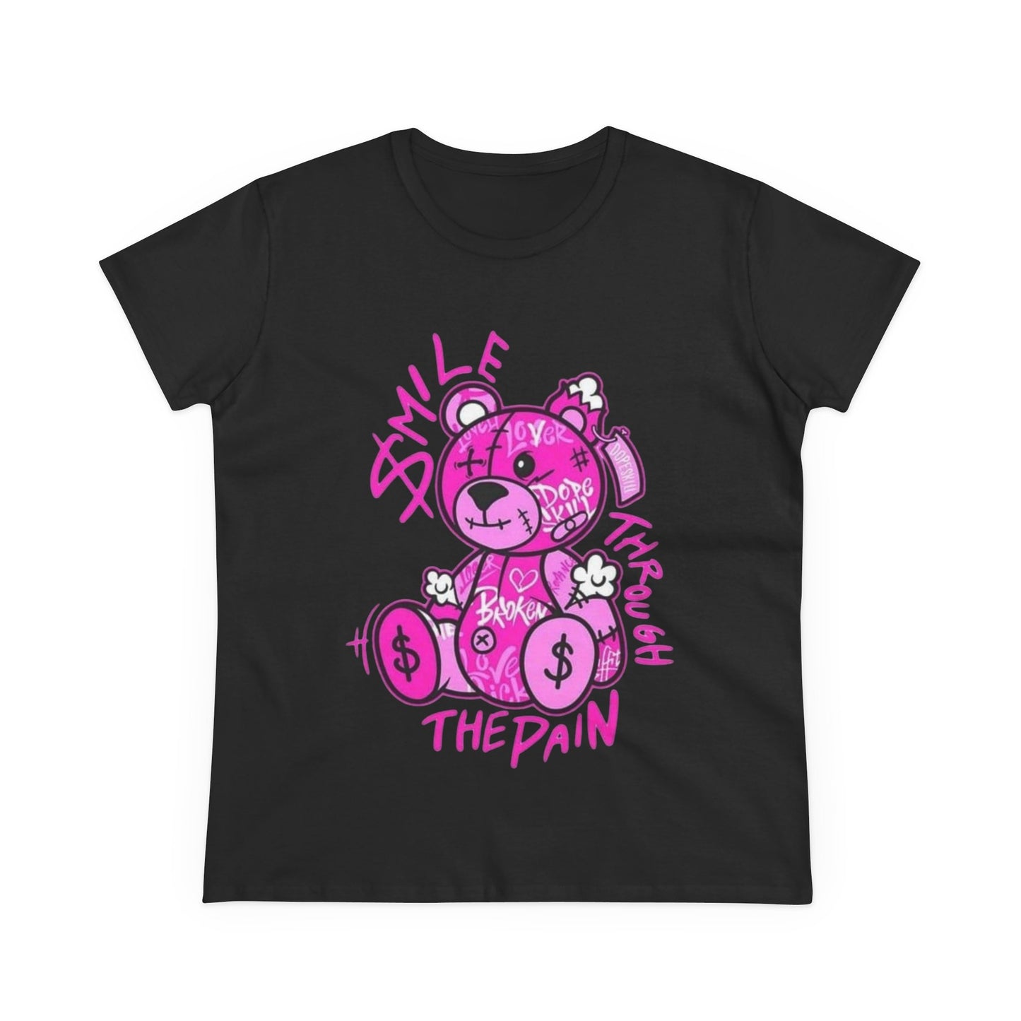 Smile Through The Pain Teddy Bear Tee — Pink Graphic Women's Cotton Shirt