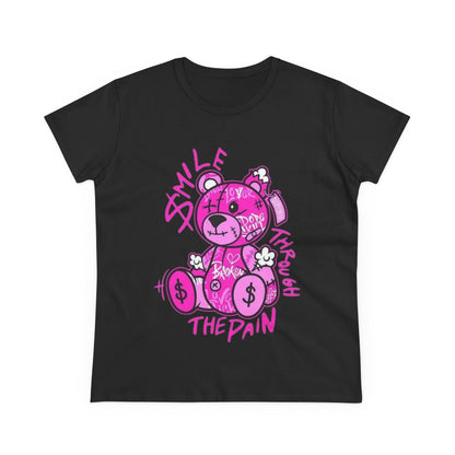 Smile Through The Pain Teddy Bear Tee — Pink Graphic Women's Cotton Shirt
