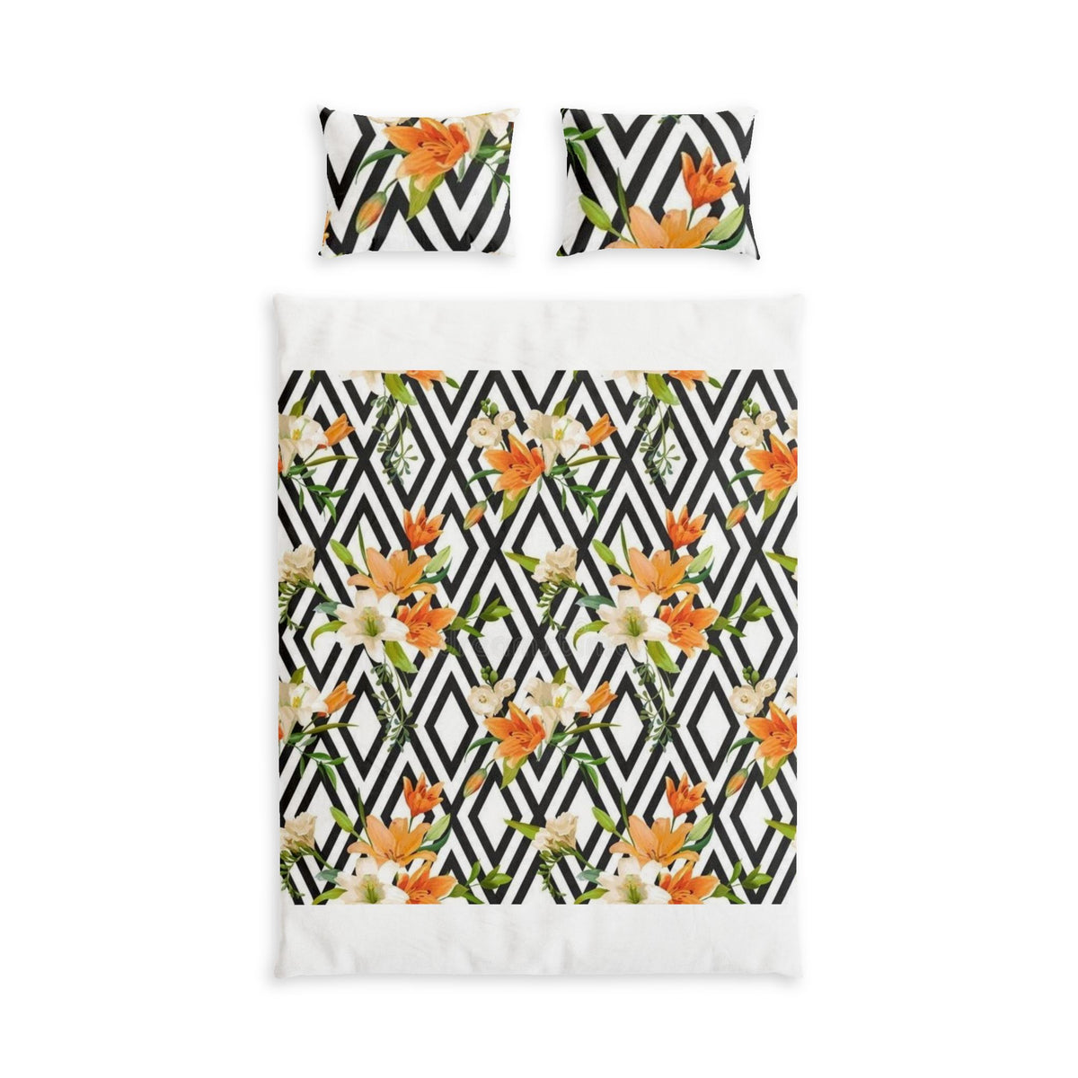 Floral Geometric Cotton Bed Set — Orange Lily Duvet Cover & Pillowcases