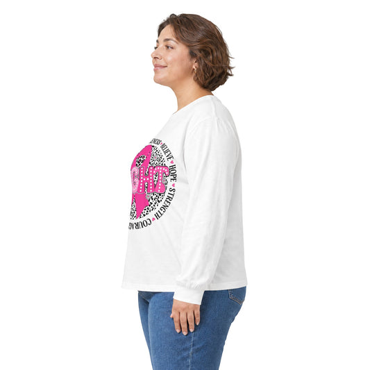 Breast Cancer Awareness Long Sleeve Tee — Pink Ribbon “Fight” Leopard Design