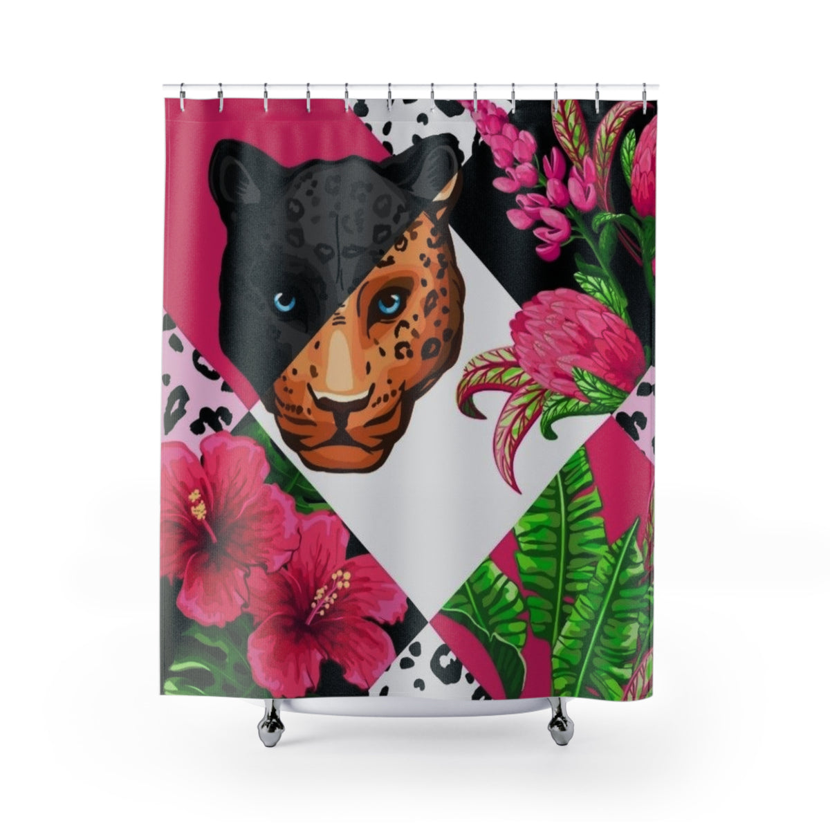 Leopard Floral Shower Curtain — Bold Pink Jungle Bathroom Decor