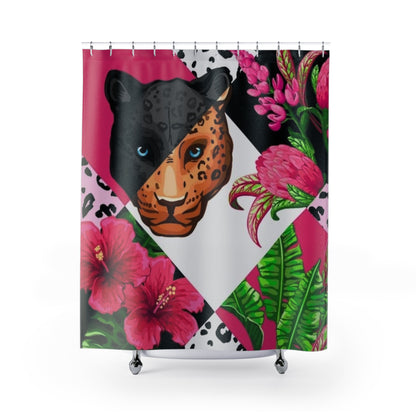 Leopard Floral Shower Curtain — Bold Pink Jungle Bathroom Decor