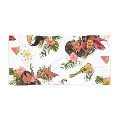 Tropical Paradise Beach Towel - Vibrant Floral & Hula Girl Design