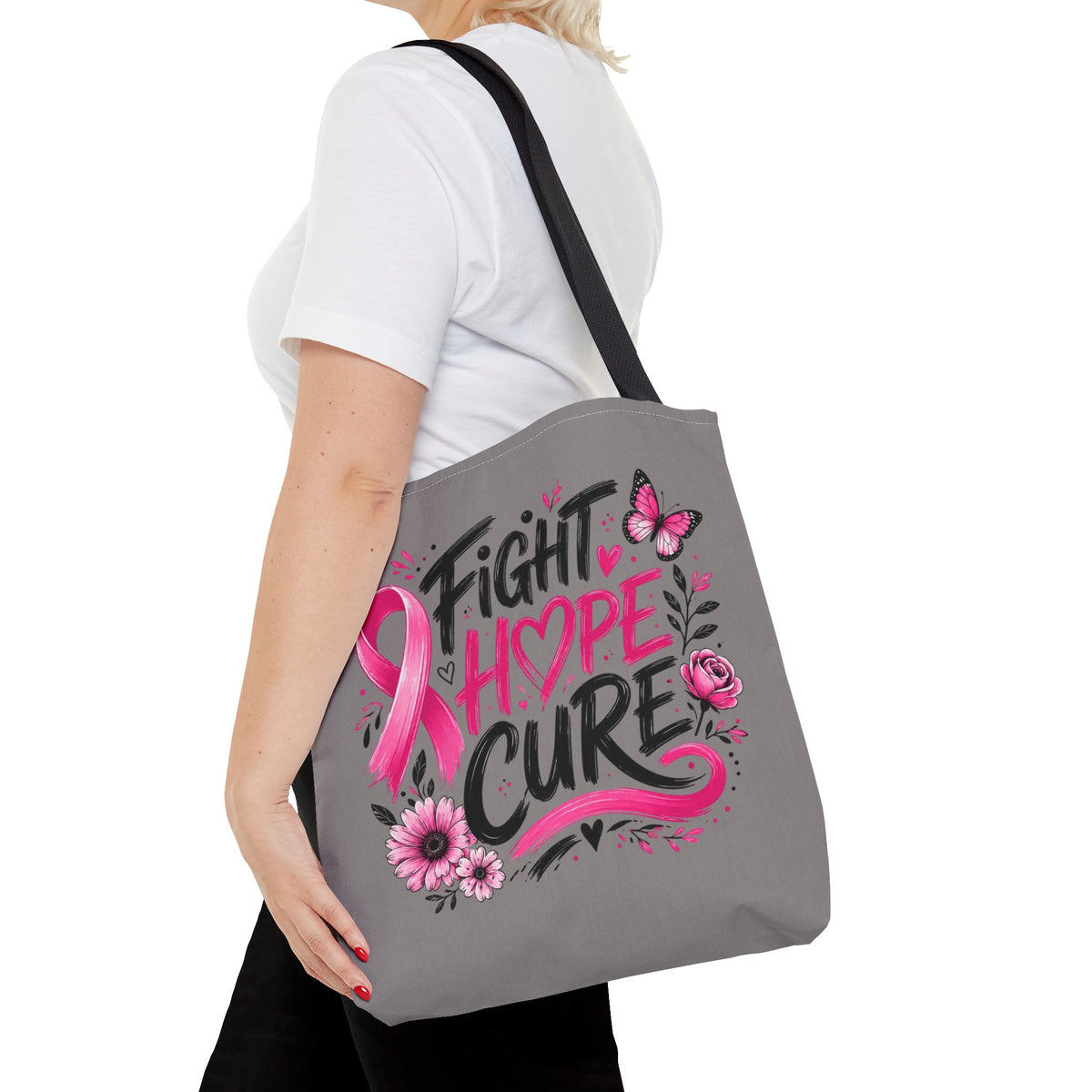 Breast Cancer Awareness Tote Bag — Fight Hope Cure Pink Ribbon Design