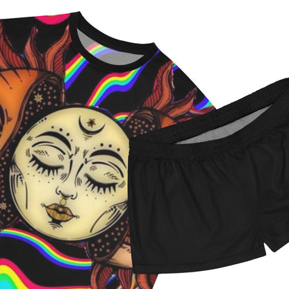 Bohemian Sun and Moon Women's Pajama Set - Cosmic Sleepwear for Disco Vibes
