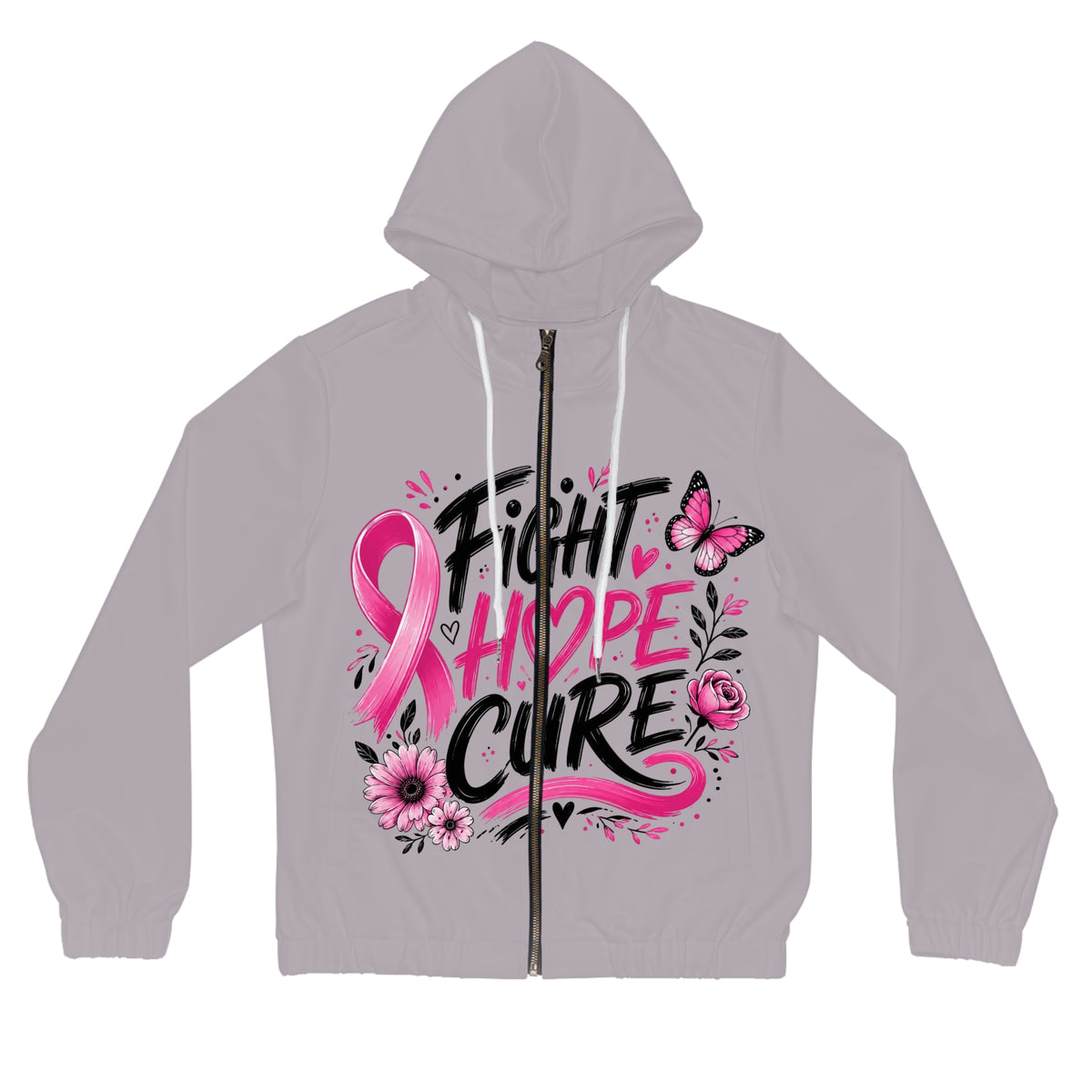 Breast Cancer Awareness Zip Hoodie — "Fight Hope Cure" Pink Ribbon Design