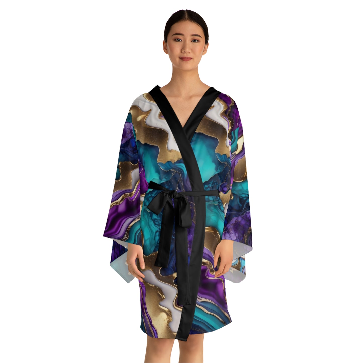 Elegant Long Sleeve Kimono Robe with Colorful Abstract Design