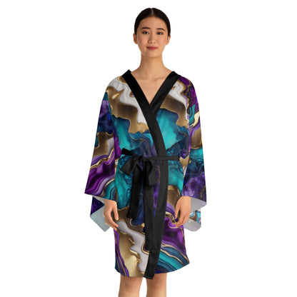 Elegant Long Sleeve Kimono Robe with Colorful Abstract Design
