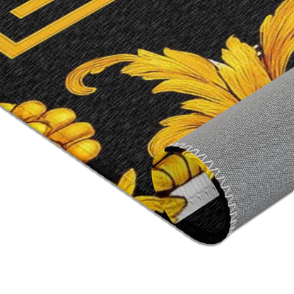 Baroque Gold Scroll Area Rug — Black & White Striped Medallion Accent Rug