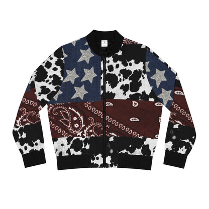 Patriotic Cow Print Bomber Jacket, Trendy Casual Outerwear, Women's Fashion, USA Pride, Everyday Comfort, Perfect for Festivals