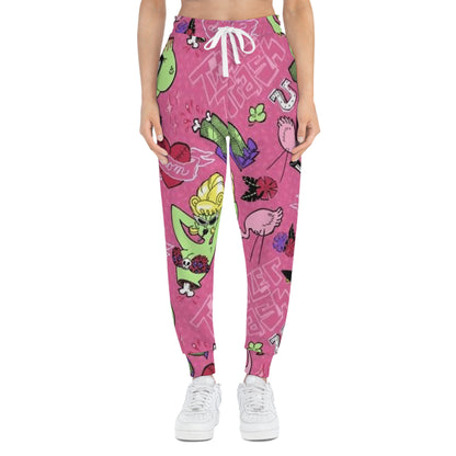 Pink Retro Pop Pattern Joggers — Flamingo, Lipstick & Heart Graphic Athletic Pants