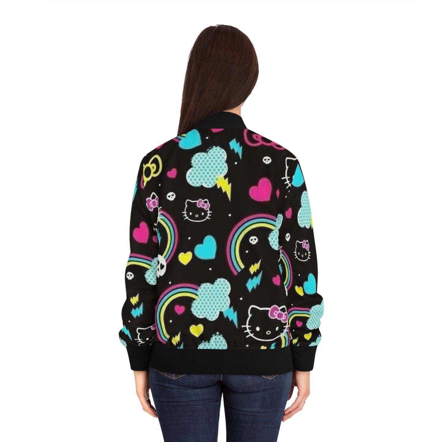 Youthful Hello Kitty Bomber Jacket, Cute Fashion, Colorful Outerwear, Trendy Gift for Her, Fun Streetwear, Vibrant AOP Style
