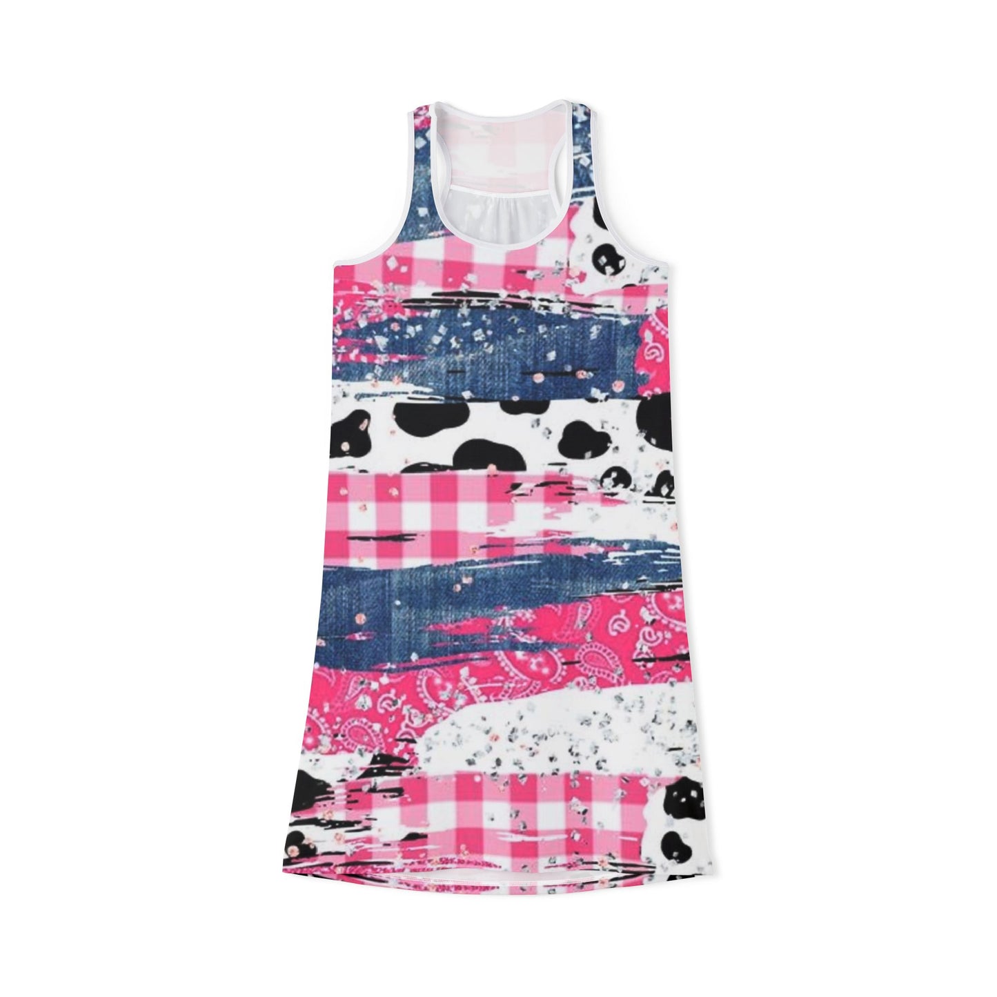 Colorful Denim & Cow Print Pattern Summer Dress