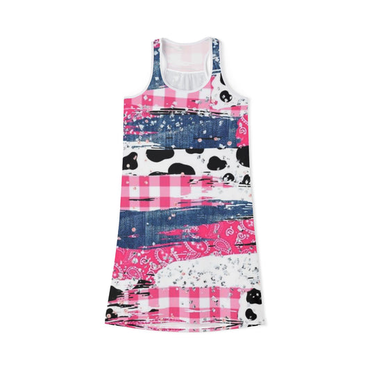 Colorful Denim & Cow Print Pattern Summer Dress