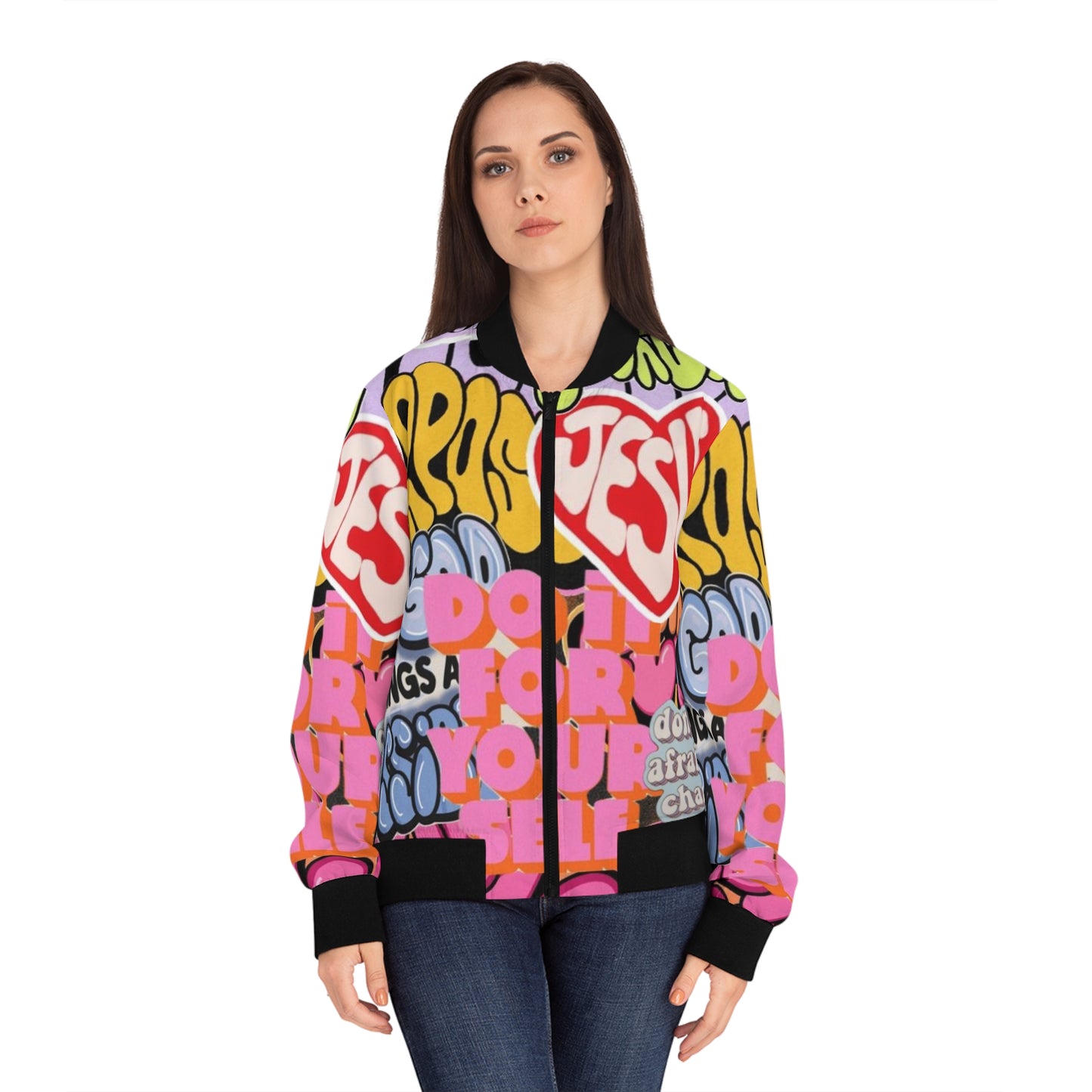 Vibrant Affirmation Bomber Jacket, Statement Jacket, Expressive Outerwear, Casual Chic, Trendy Layering Piece, Faith-Inspired Apparel