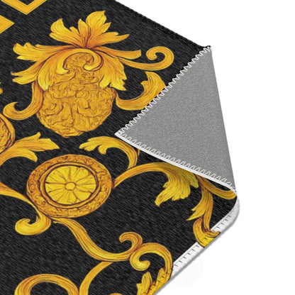 Baroque Gold Scroll Area Rug — Black & White Striped Medallion Accent Rug