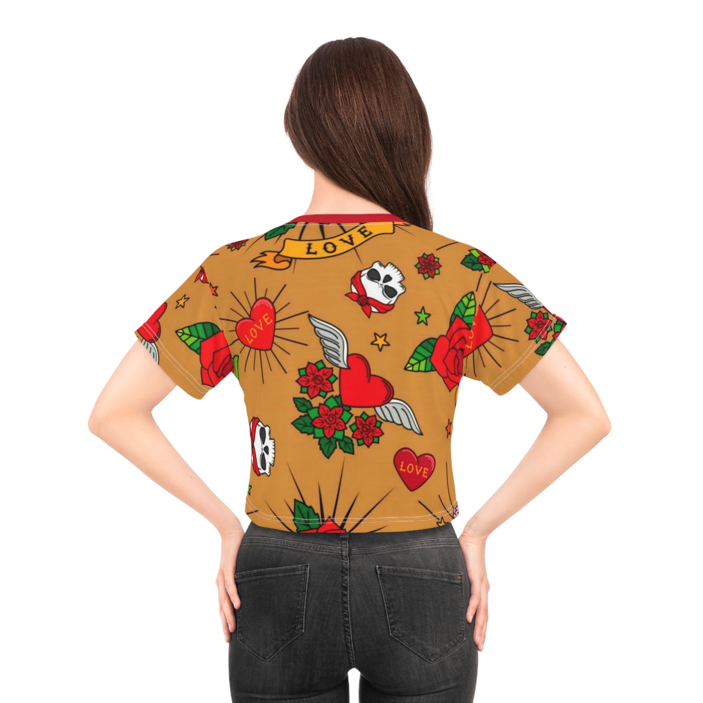 Love Skull & Rose Crop Tee – Tattoo Chic Graphic Top for Festivals & Casual Wear