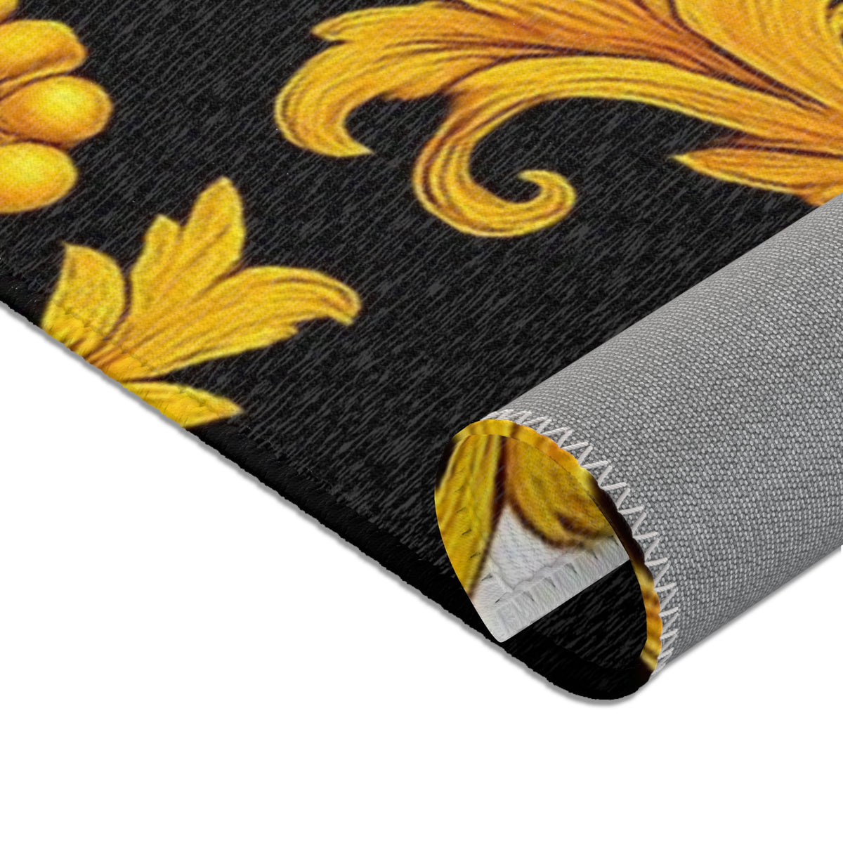 Baroque Gold Scroll Area Rug — Black & White Striped Medallion Accent Rug