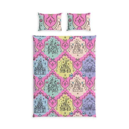 Pastel Princess Castle Cotton Bed Set – Fairy Tale Duvet & Pillowcase