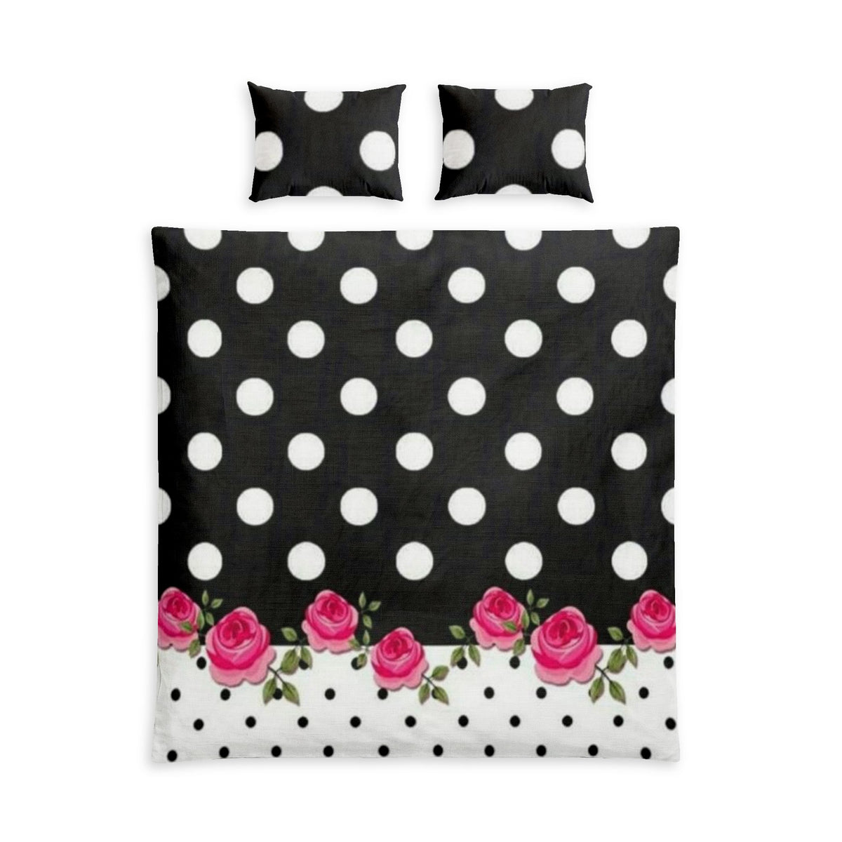 Polka Dot Rose Cotton Bed Set — Black & White Floral Duvet Cover