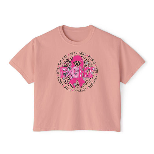 Breast Cancer Awareness Boxy Tee — Pink "Fight" Ribbon Leopard Design