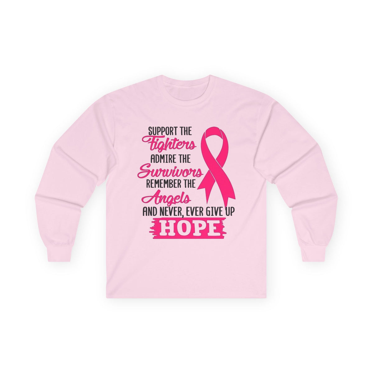 Breast Cancer Awareness Long Sleeve Tee — "Support the Fighters, Admire the Survivors" Hope Ribbon